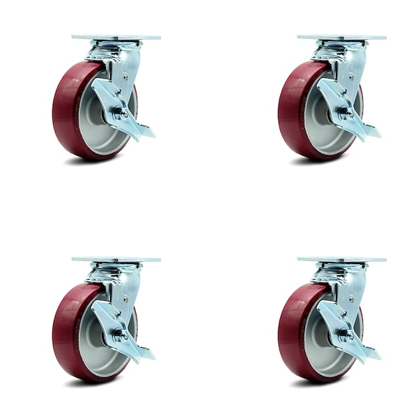 6 Inch Poly on Aluminum Caster Set with Roller Bearings and Brake/Swivel Lock